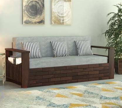 Solid Sheesham Wood 3 Seater Sofa Cum Bed with Side Pockets Storage for Home Living Room Wooden Sofa Cum Bed