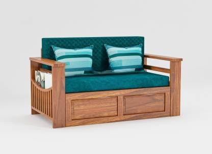 Solid Sheesham Wood 2 Seater Sofa Cum Bed with Side Pockets Storage for Home Living Room Wooden Sofa Cum Bed