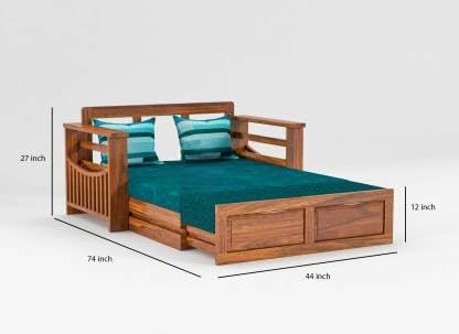 Solid Sheesham Wood 2 Seater Sofa Cum Bed with Side Pockets Storage for Home Living Room Wooden Sofa Cum Bed