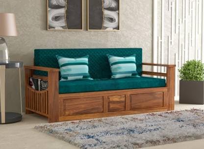 Solid Sheesham Wood 3 Seater Sofa Cum Bed with Side Pockets Storage for Home Living Room Wooden Sofa Cum Bed