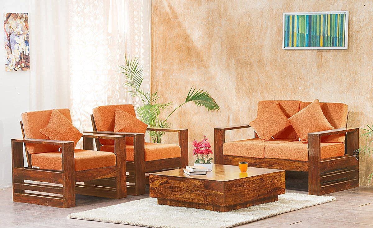 Solid Sheesham Teak Wood Sofa Set 4 Seater for Living Room Home Furniture Wooden Sofa Set 2+1+1 Without Pillow