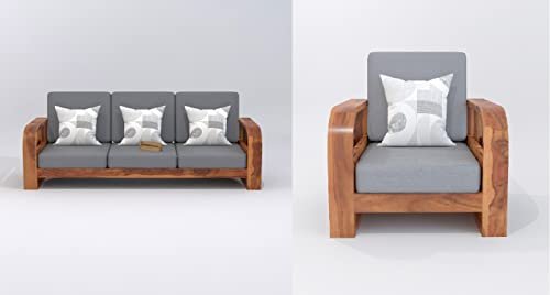 Saamenia FurnituresWooden 4 Seater Sofa Set for Living Room, Four Seater Sofa with 40 Density Cushions for Office & Lounge, 3+1 Seater Sofa Sets for Home, Sheesham Wood, Honey Finish