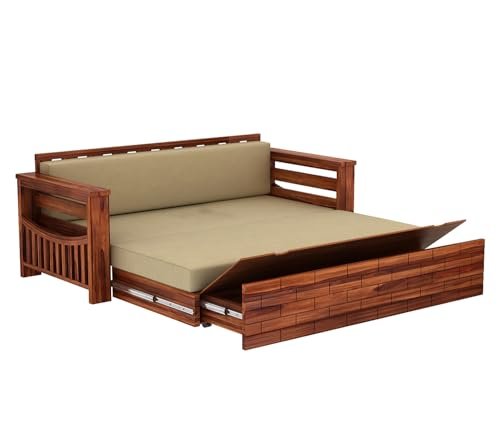 Mamta Furniture Wood Sofa Cum Bed For Home|Wooden Sofa Cums Bed For Living Room|Without Pillow With Cushions|Sheesham Wood Furniture|With Storage|3-Person Sofa, Brown, Natural With 40 Dencity Custion