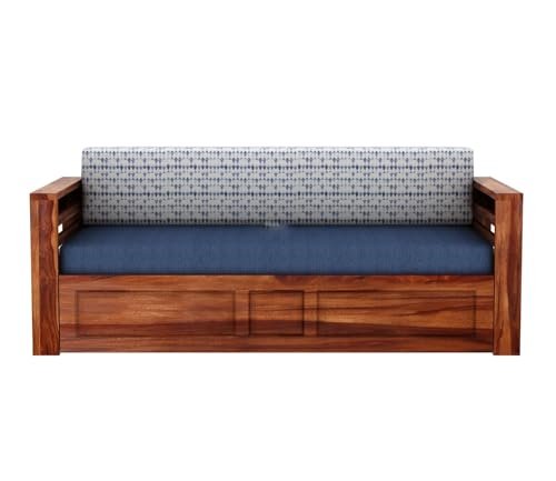 Mamta Furniture Sheesham Wood Foster 3 Seater Sofa Cum Bed | Honey Iris Blue | 40 Density Cushion | Living Room Bed | Queen Size Wooden Bed with Headboard