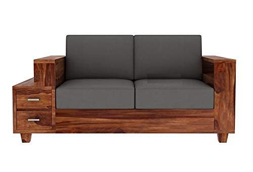 Saamenia Furniture Wooden Sofa Set for Living Room | Sofa Set with Attached End Table with Shelf & 2 Drawers | 2 Seater Sofa Set | Sheesham Wood | Teak Finish