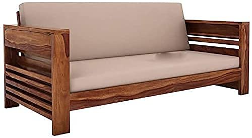 Saamenia Furnitures Solid Sheesham Wood 3 Seater Sofa Set for Living Room Furniture with Cream Cushions – Honey Finish