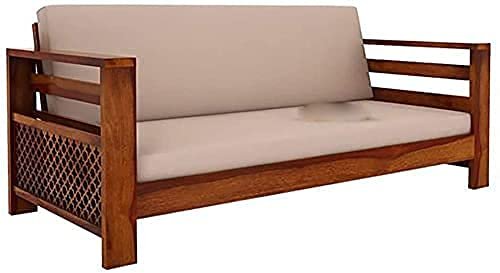 Saamenia Furnitures Solid Sheesham Wood 3 Seater Sofa Set for Living Room Furniture with Cream Cushions – Honey Finish