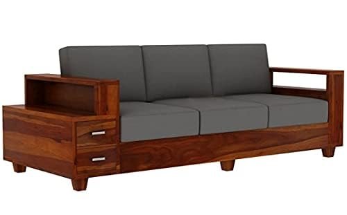 Mamta Furniture Solid Sheesham Wood 3 Seater Sofa Set | Living Room Elegant Design | Honey Finish Sturdy Frame | 40 Density Cushions | Drawing Room | Without Pillow