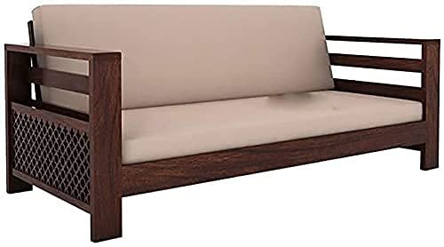 Saamenia Furnitures Solid Sheesham Wood 3 Seater Sofa Set for Living Room Furniture with Cream Cushions - Walnut Finish