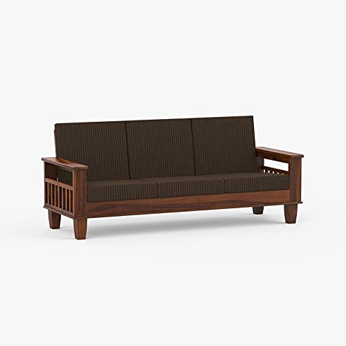 Mamta Furniture Solid Wood Sofa Set 3+1+1 Seater Home Living Room | Sofa Set 5 Seater Wooden | 5 Seater Sofa Set | Without Pillow | Cream Cushions | Sheesham Teak Wood Sofa Set Furniture | Dark Walnut
