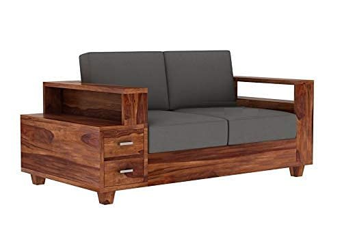 Saamenia Furniture Wooden Sofa Set for Living Room | Sofa Set with Attached End Table with Shelf & 2 Drawers | 2 Seater Sofa Set | Sheesham Wood | Teak Finish