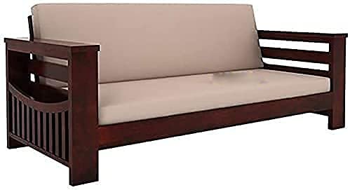 Saamenia furnitures™ Wooden 3 Seater Sofa Set Home Living Room |Solid Wood Sofa Set 3 Seater| Sheesham Wood Furniture Sofa Set | Without Pillow | Cream Cushions|Mahogany Finish
