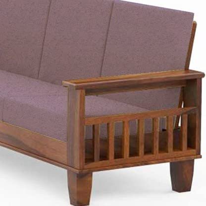 Saamenia Furnitures Solid Sheesham Wood 5 Seater Sofa Set for Living Room Furniture with Cream Cushions – Natural Brown Finish (3+1+1 Seater)