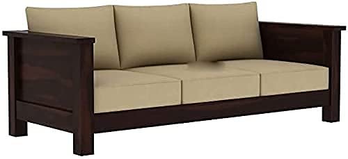 Saamenia Furnitures Solid Sheeham Wooden 3 Seater Sofa Set For Livinig Room Furniture with Cream Cushions - Warm Chestnut