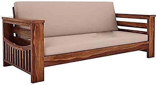 Saamenia furnitures™ Wooden 3 Seater Sofa Set Home Living Room |Solid Wood Sofa Set 3 Seater| Sheesham Wood Furniture Sofa Set | Without Pillow | Cream Cushions| Teak Finish