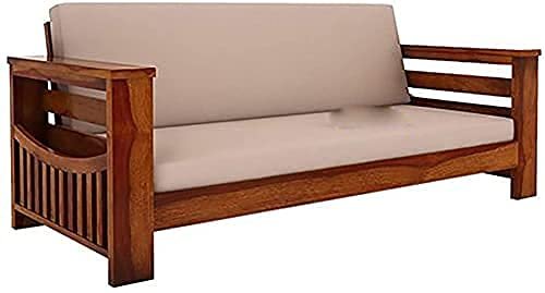 Saamenia furnitures™ Wooden 5 Seater Sofa Set Home Living Room |Solid Wood Sofa Set 3+1+1 | Sheesham Wood Furniture Sofa Set | Without Pillow | Cream Cushions| Honey Finish