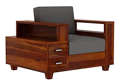 Mamta Furniture Wooden Sofa Set for Living Room , Sofa Set with Attached End Table with Shelf & 2 Drawers , 1 Seater Sofa Set , Sheesham Wood , Teak Finish
