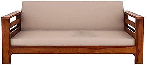 Saamenia Furnitures Solid Sheesham Wood 5 Seater Sofa Set for Living Room Furniture with Cream Cushions – Honey Finish (3+1+1 Seater)