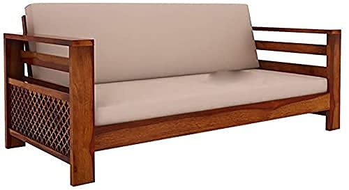 Saamenia Furnitures Solid Sheesham Wood 5 Seater Sofa Set for Living Room Furniture with Cream Cushions – Honey Finish (3+1+1 Seater)