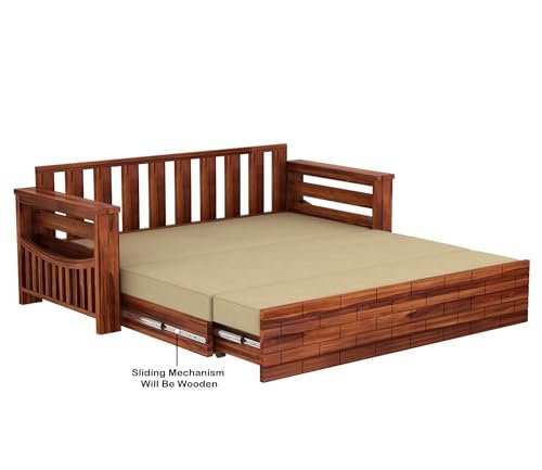 Mamta Furniture Wood Sofa Cum Bed For Home|Wooden Sofa Cums Bed For Living Room|Without Pillow With Cushions|Sheesham Wood Furniture|With Storage|3-Person Sofa, Brown, Natural With 40 Dencity Custion