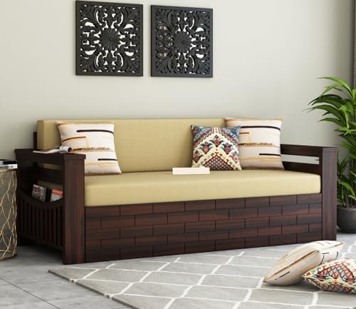 Mamta Furniture Solid Sheesham Wood Sofa Cum Bed Furniture Set with Storage and Cushions for Living Room,Bedroom,Drawing Hall (3-Person Sofa, Light Walnut Finish,Beige, Queen) With 40 Dencity Custion