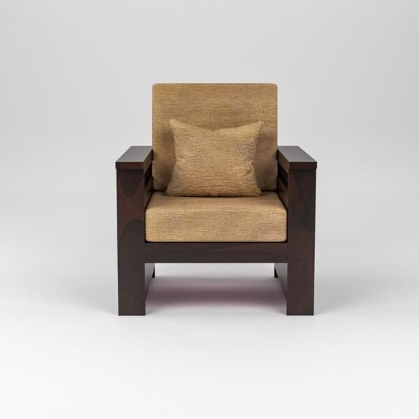 Mamta Furniture Solid Sheesham Wood 1 Seater Sofa with Beige Cushions | Walnut Finish | Living Room | Compact Lounge Chair | Drawing Room | Without Pillow