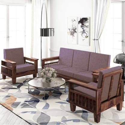 Saamenia Furnitures Solid Sheesham Wood 5 Seater Sofa Set for Living Room Furniture with Cream Cushions - Natural Brown Finish (3+1+1 Seater)