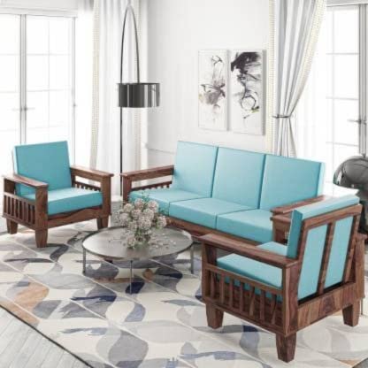 Saamenia Furnitures Solid Sheesham Wood 5 Seater Sofa Set for Living Room Furniture Fabric - Honey Finish (3+1+1 Seater)