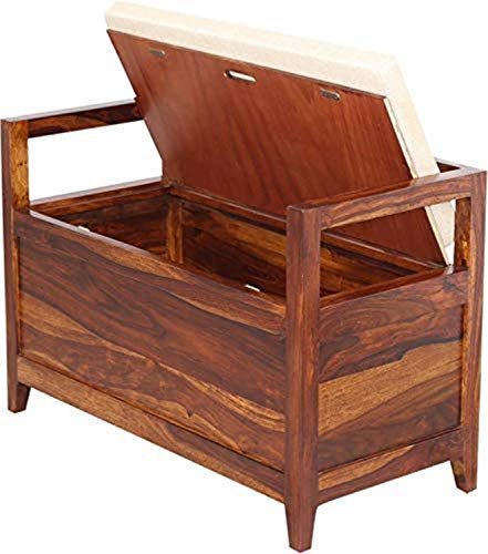 Saamenia Furnitures Solid Sheesham Wood Armrest Bench Furniture Set with Storage and Cushions for Living Room | Bedroom | Drawing Hall (Honey Finish, Queen)