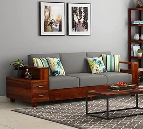 Mamta Furniture Solid Sheesham Wood 3 Seater Sofa Set | Living Room Elegant Design | Honey Finish Sturdy Frame | 40 Density Cushions | Drawing Room | Without Pillow