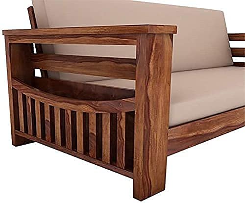 Saamenia furnitures™ Wooden 3 Seater Sofa Set Home Living Room |Solid Wood Sofa Set 3 Seater| Sheesham Wood Furniture Sofa Set | Without Pillow | Cream Cushions| Teak Finish