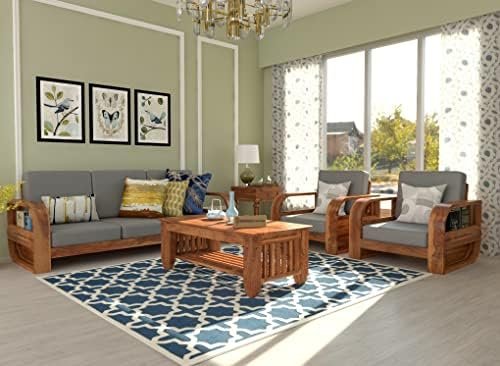 Mamta Furniture Wooden 5 Seater Sofa Set for Living Room, Five Seater Sofa with 40 Density Cushions for Office & Lounge, 3+1+1 Seater Sofa Sets for Home, Sheesham Wood, Honey