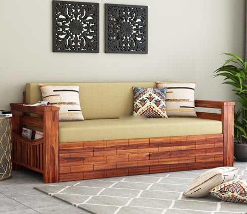 Mamta Furniture Wood Sofa Cum Bed For Home|Wooden Sofa Cums Bed For Living Room|Without Pillow With Cushions|Sheesham Wood Furniture|With Storage|3-Person Sofa, Brown, Natural With 40 Dencity Custion