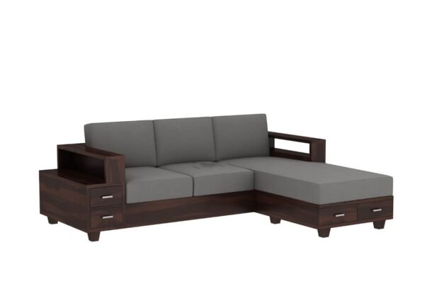 Saamenia Furnitures Solid Sheesham Wooden L shape 5 Seater Sofa Set for Living Room Furniture with Grey Cushions – Walnut Finish