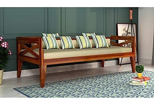 Mamta Furniture Teak Wood 3 Seater Sofa Set Home Living Room | Wooden Sofa Set 3 Seater | Furniture Solid Sheesham Wood Sofa Set | Without Pillow | Cream Cushions | Teak Finish