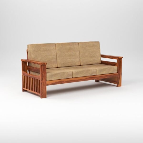 Mamta Furniture Solid Sheesham Wood 3 Seater Sofa Set | Living Room | Honey Finish | Beige Cushions | Durable Lounge Seating | Drawing Room | Without Pillow