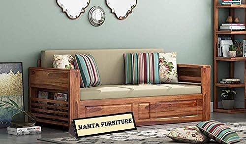 Saamenia furnitures™ Sofa Set Solid sheesham Wood Sofa Cum Bed Furniture Set with Storage and Cushions for Living Room | Bedroom | Drawing Hall (Natural Brown, Queen)