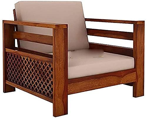 Saamenia Furnitures Solid Sheesham Wood 5 Seater Sofa Set for Living Room Furniture with Cream Cushions – Honey Finish (3+1+1 Seater)