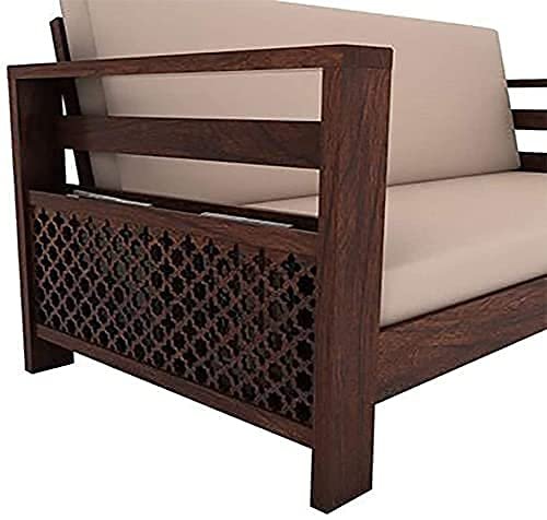 Saamenia Furnitures Solid Sheesham Wood 3 Seater Sofa Set for Living Room Furniture with Cream Cushions – Walnut Finish