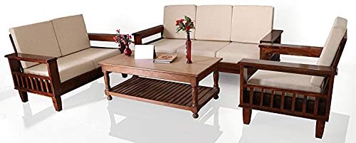 Saamenia Furnitures Solid Sheesham Wood 6 Seater Sofa Set for Living Room Furniture with Cream Cushions - Natural Brown Finish (3+2+1 Seater)