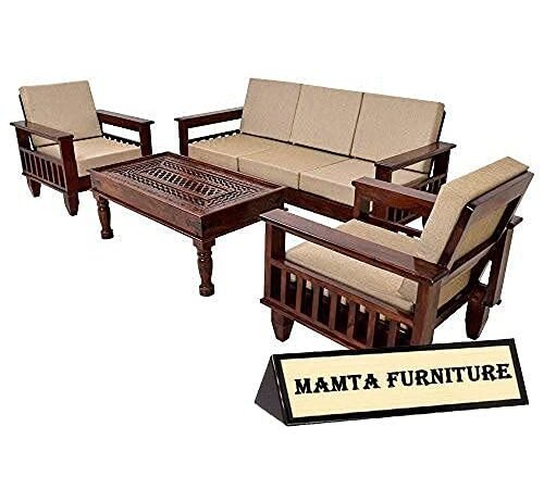 Saamenia Furnitures Solid Sheesham Wood 5 Seater Sofa Set for Living Room Furniture with Cushions - Brown Finish (3+1+1 Seater)