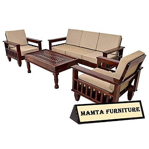 Saamenia Furnitures Solid Sheesham Wood 5 Seater Sofa Set for Living Room Furniture with Cushions – Brown Finish (3+1+1 Seater)