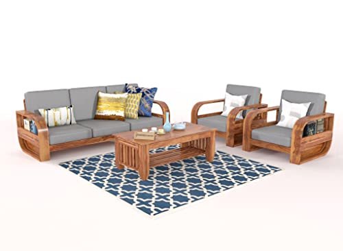 Mamta Furniture Wooden 5 Seater Sofa Set for Living Room, Five Seater Sofa with 40 Density Cushions for Office & Lounge, 3+1+1 Seater Sofa Sets for Home, Sheesham Wood, Honey