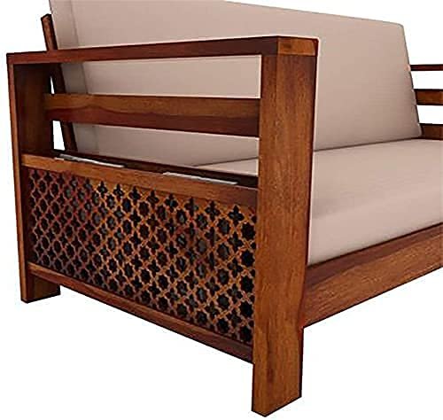 Saamenia Furnitures Solid Sheesham Wood 3 Seater Sofa Set for Living Room Furniture with Cream Cushions – Honey Finish