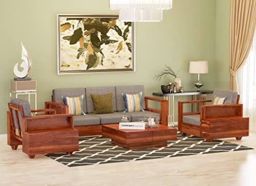 Mamta Furniture Handcrafted Solid Sheesham Wood 5 Seater Sofa Set | Living Room | Natural Teak Finish | 3+1+1 Configuration | Drawing Room | Without Pillow