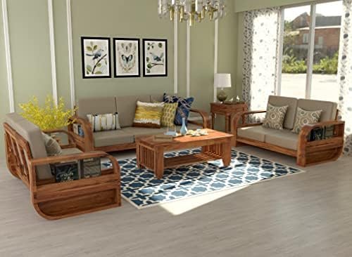 SAAMENIA FURNITURES Wooden 7 Seater Sofa Set for Living Room, 7 Seater with 40 Density Cushions Sofa for Office & Lounge, 3+2+2 Seater Sofa Sets for Home, Sheesham Wood, Honey Finish