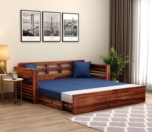 Mamta Furniture Sheesham Wood Foster 3 Seater Sofa Cum Bed | Honey Iris Blue | 40 Density Cushion | Living Room Bed | Queen Size Wooden Bed with Headboard