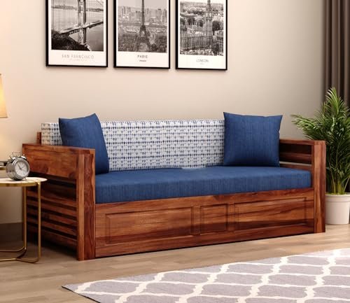 Mamta Furniture Sheesham Wood Foster 3 Seater Sofa Cum Bed | Honey Iris Blue | 40 Density Cushion | Living Room Bed | Queen Size Wooden Bed with Headboard