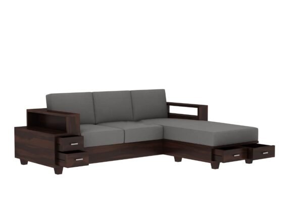 Saamenia Furnitures Solid Sheesham Wooden L shape 5 Seater Sofa Set for Living Room Furniture with Grey Cushions – Walnut Finish