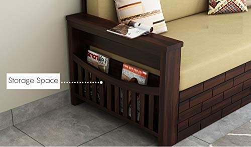 Saamenia Furnitures Solid Sheesham Wooden 3 Seater Sofa Cum Bed with Storage for Living Room Furniture with Cushion – Walnut Finish